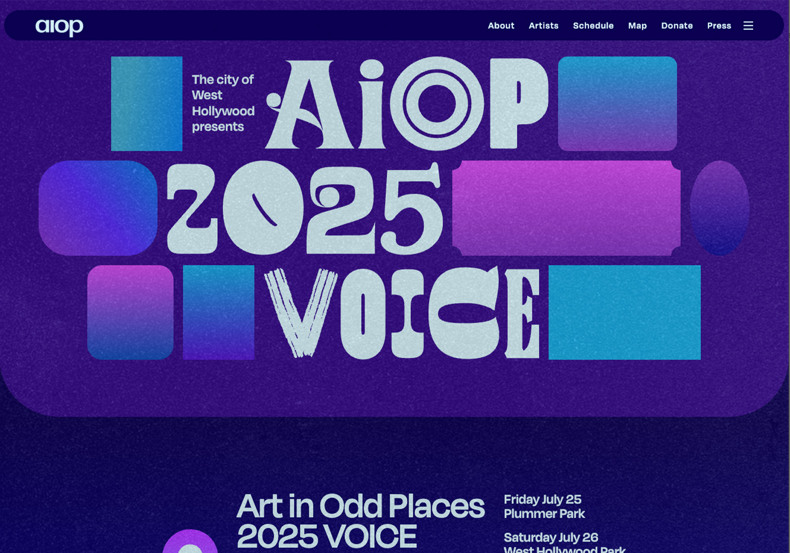A screenshot of the Art in Odd Places Voice website homepage.